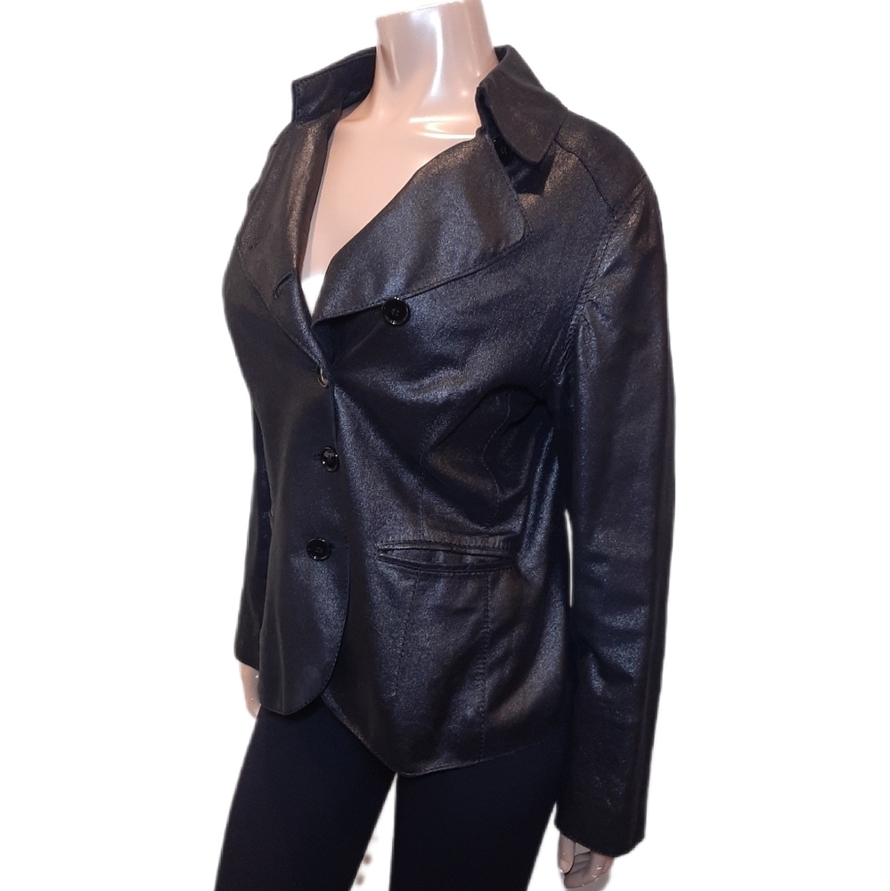 Anne Klein Coated Geniune Leather Jacket Moto Style Single Breasted Black Medium - Picture 2 of 15